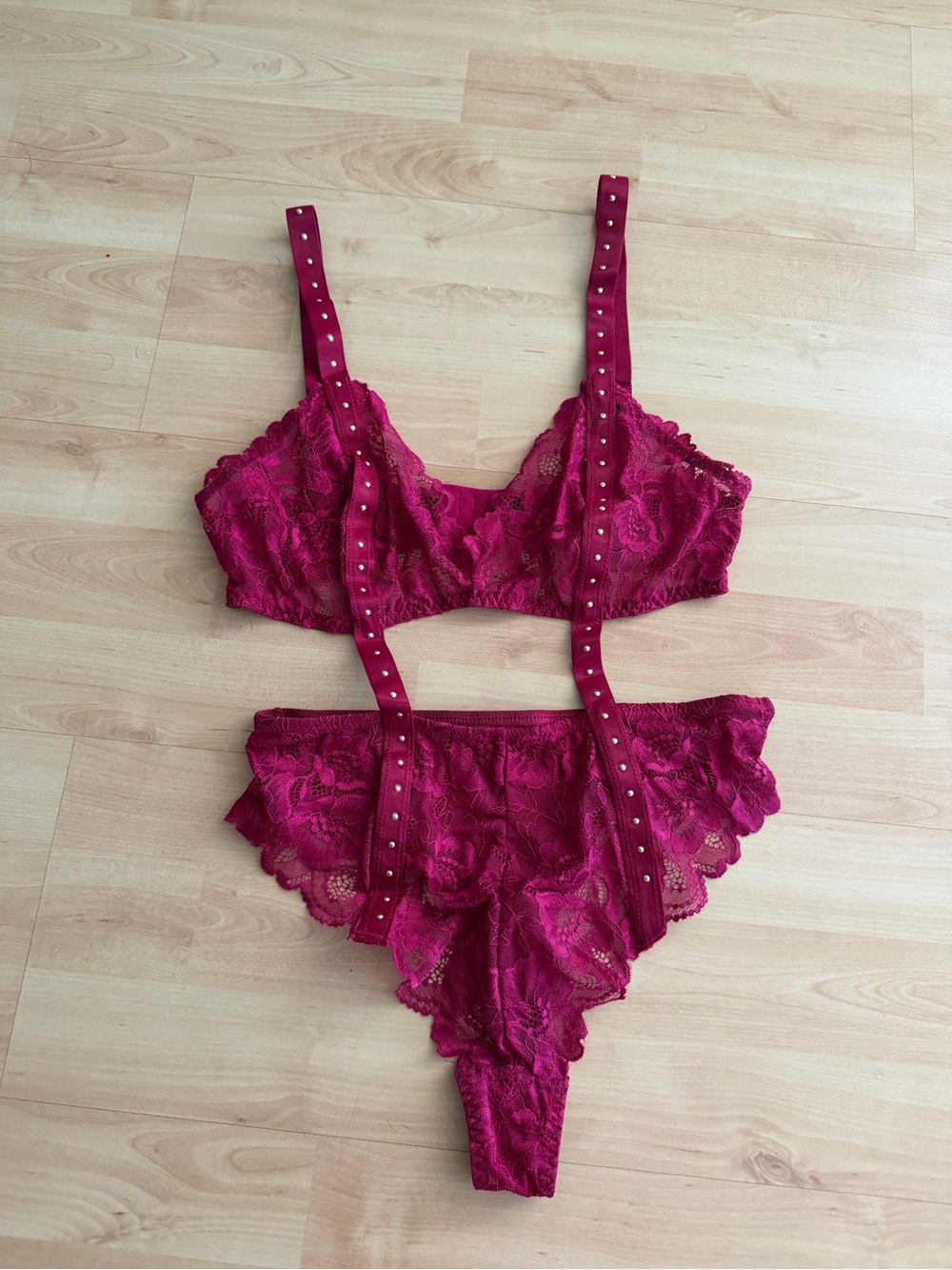 Women's Lace Strappy Teddy Bodysuit in Wine Magenta